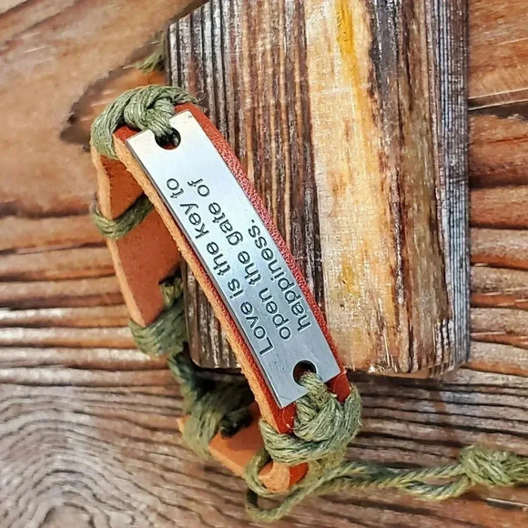 Handmade Brown Green Love is The Key Leather Silver Pewter Adjustable Bracelet - Picture 1 of 6